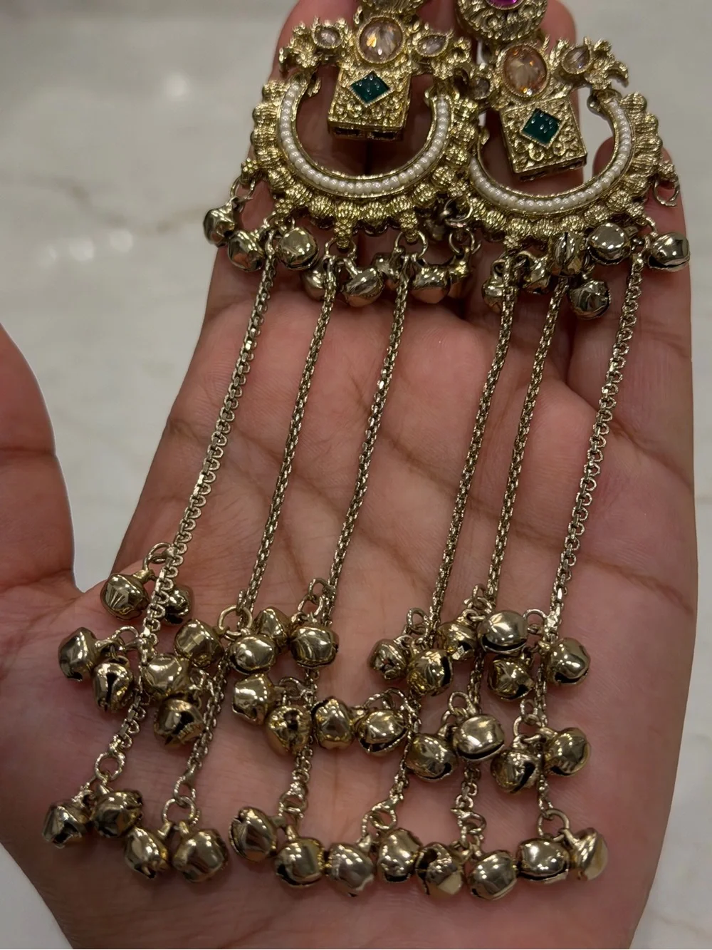 Kashmiri Jhumka Bell Drop Earrings | Pink Green Boho Ethnic Statement Jewelry